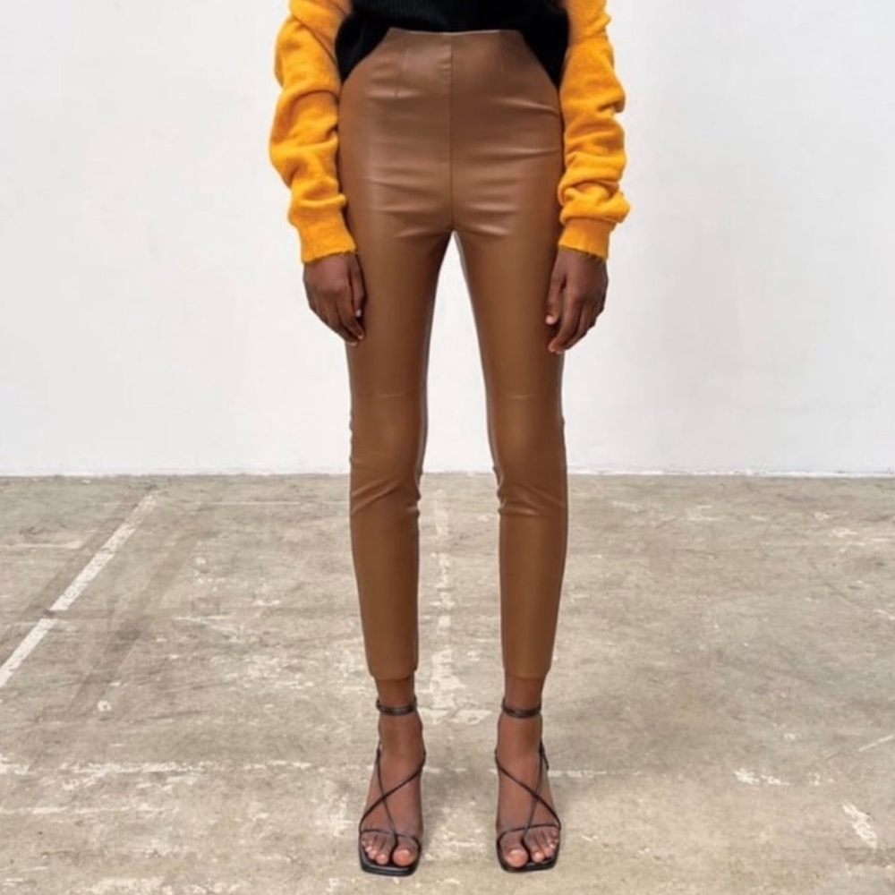 Zara - Brown Leggings Faux Leather High-Waisted, Large